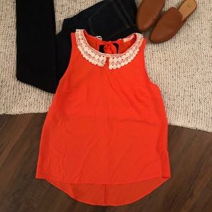 Sheer orange tank with embellished collar